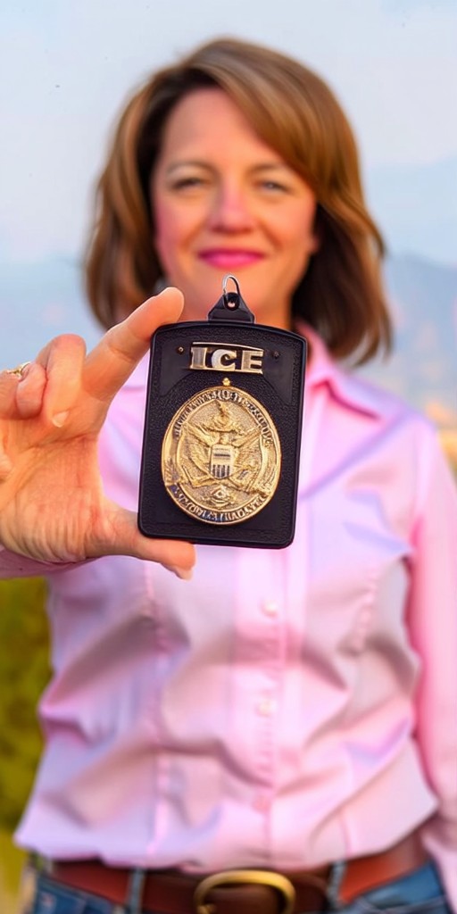 Shannon Bird holding an ICE badge