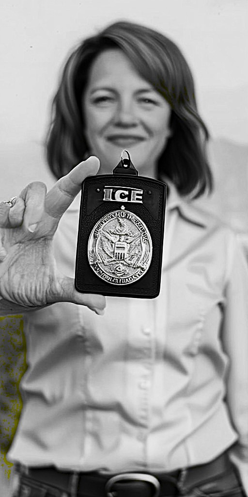 Shannon Bird holding an ICE badge